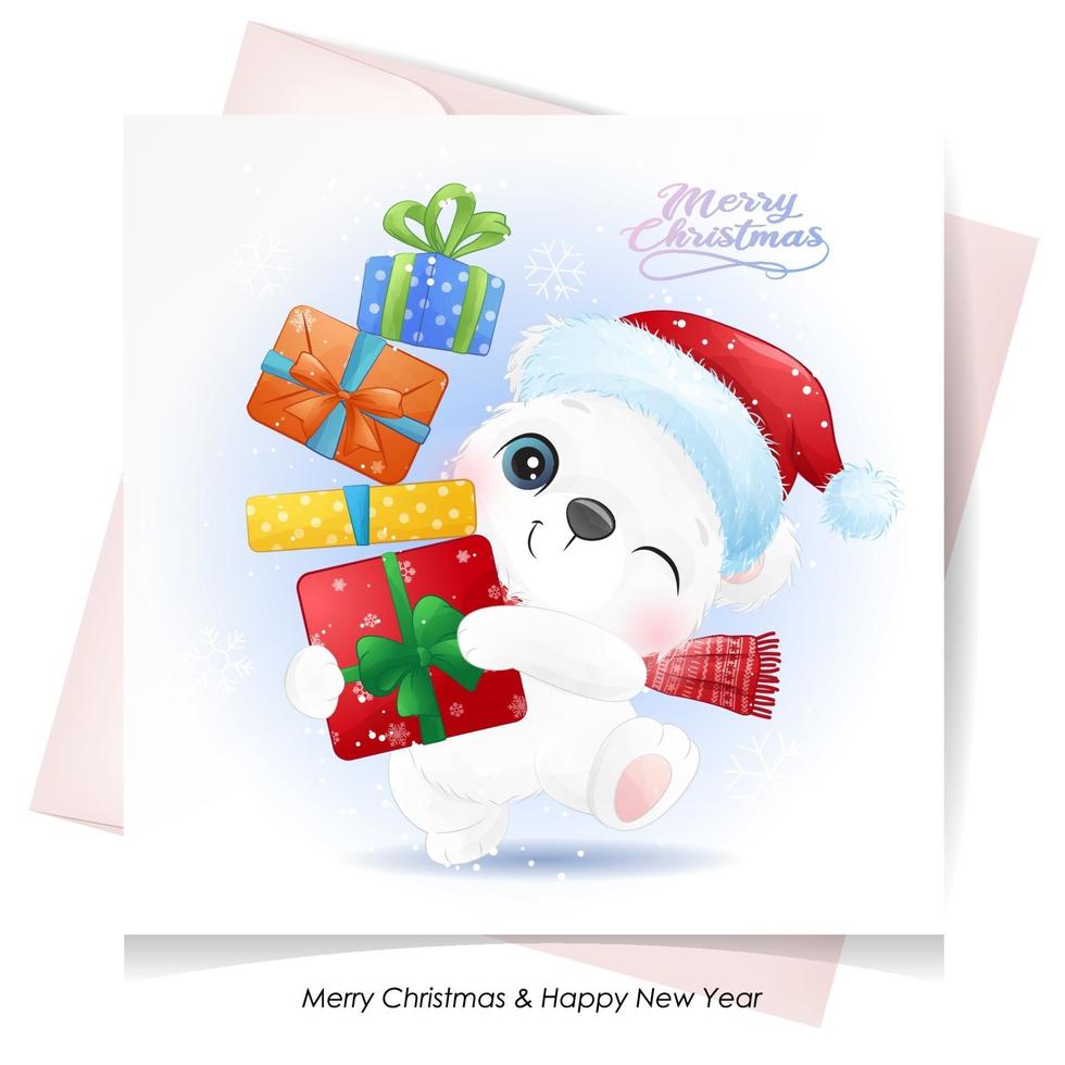 Cute doodle polar bear for christmas with watercolor illustration vector