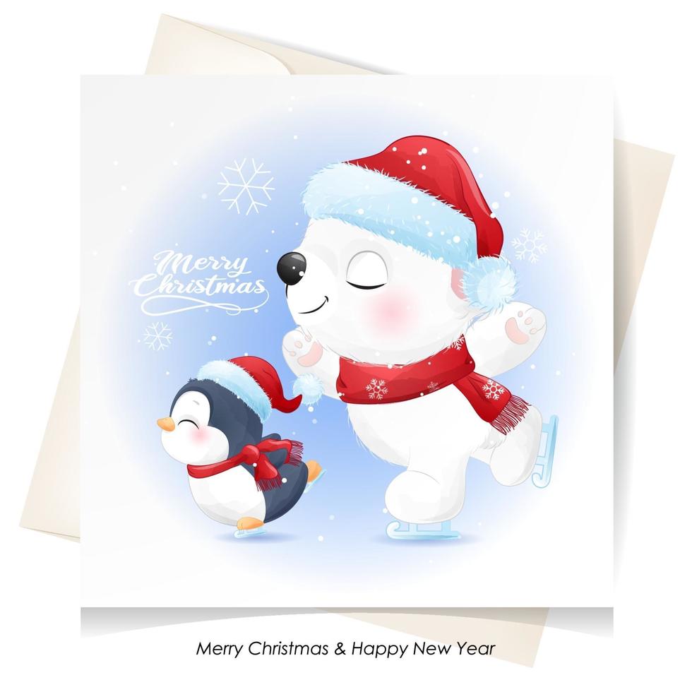 lindo doodle oso polar y pingüino para navidad con ilustración de acuarela vector