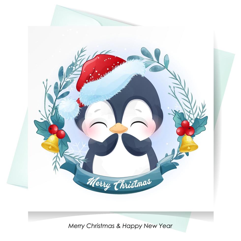 lindo pingüino doodle para navidad con ilustración acuarela vector