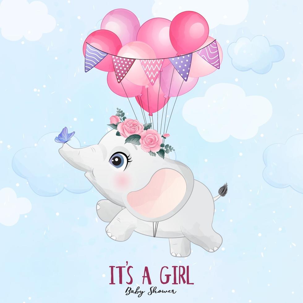 Cute baby elephant flying with balloon illustration vector