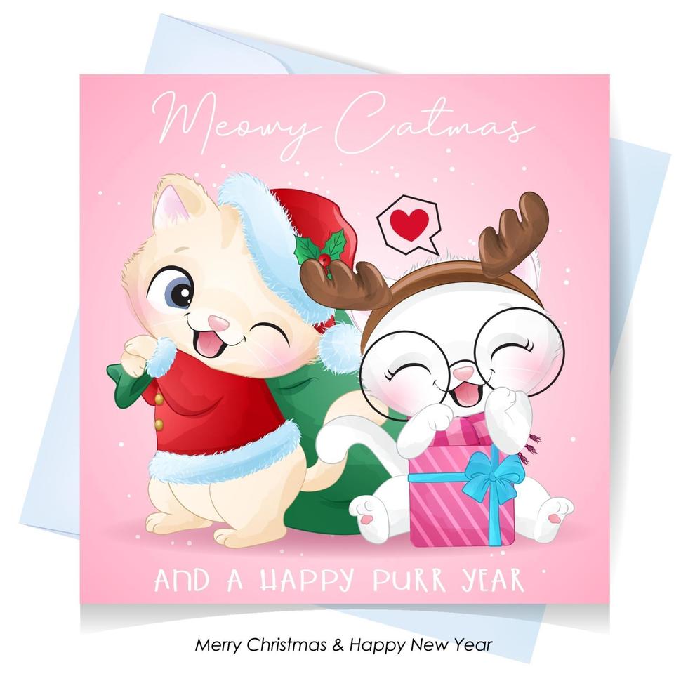 Cute doodle kitty for christmas day with watercolor illustration vector