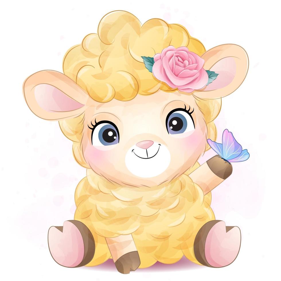 Cute little sheep with watercolor illustration vector