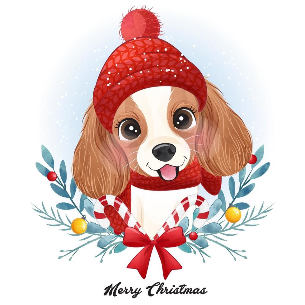 lindo perrito doodle para navidad con ilustración de acuarela vector