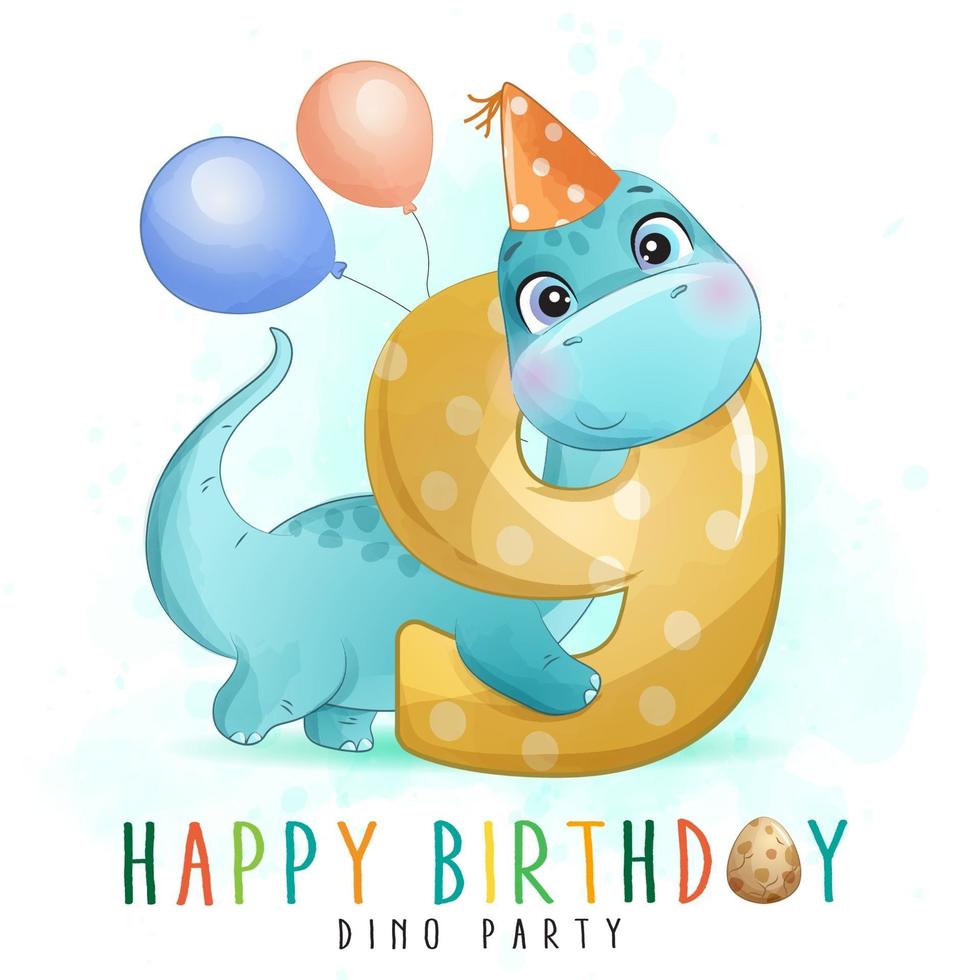 linda fiesta de cumpleaños de dinosaurio con ilustración de numeración vector