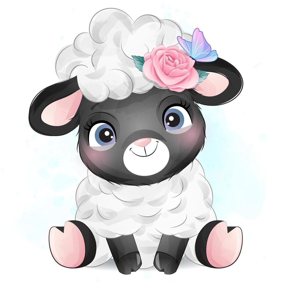 Cute little sheep with watercolor illustration vector