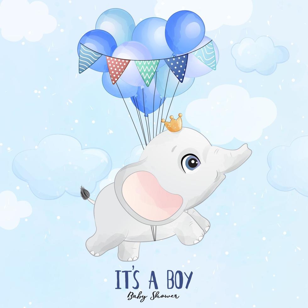 Cute baby elephant flying with balloon illustration vector