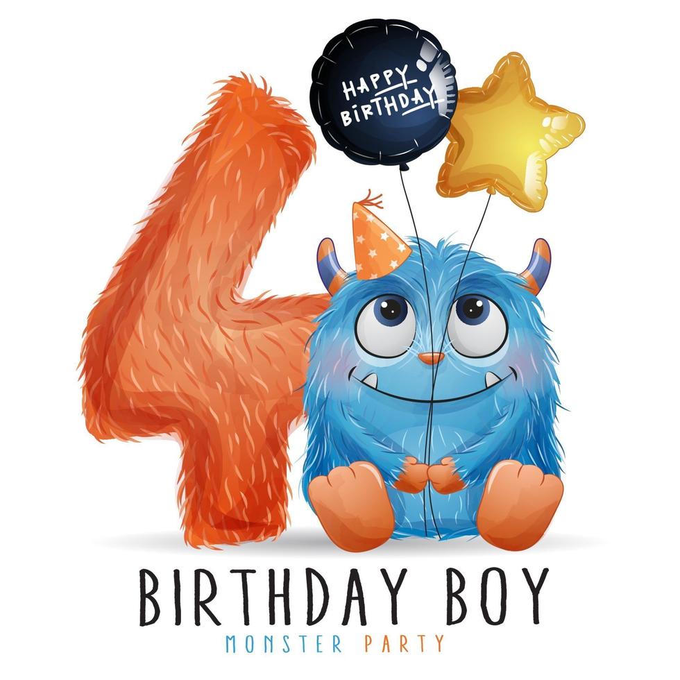 Cute little monster birthday with watercolor illustration vector