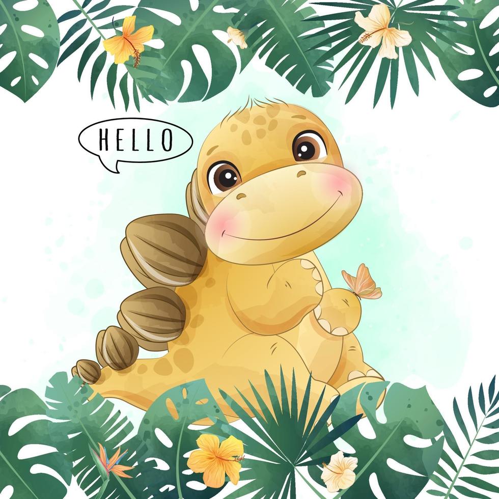 Cute dinosaur with watercolor illustration vector