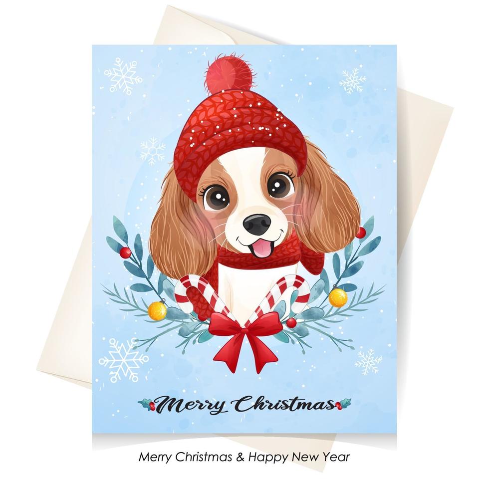 Cute doodle puppy for christmas with watercolor illustration vector
