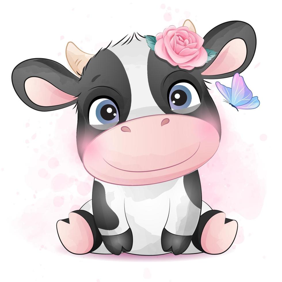 Cute little cow with watercolor illustration vector