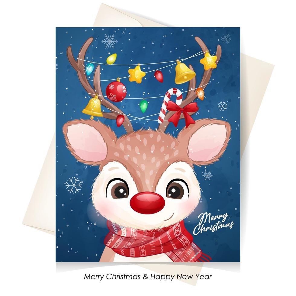 Cute doodle deer for christmas with watercolor illustration vector