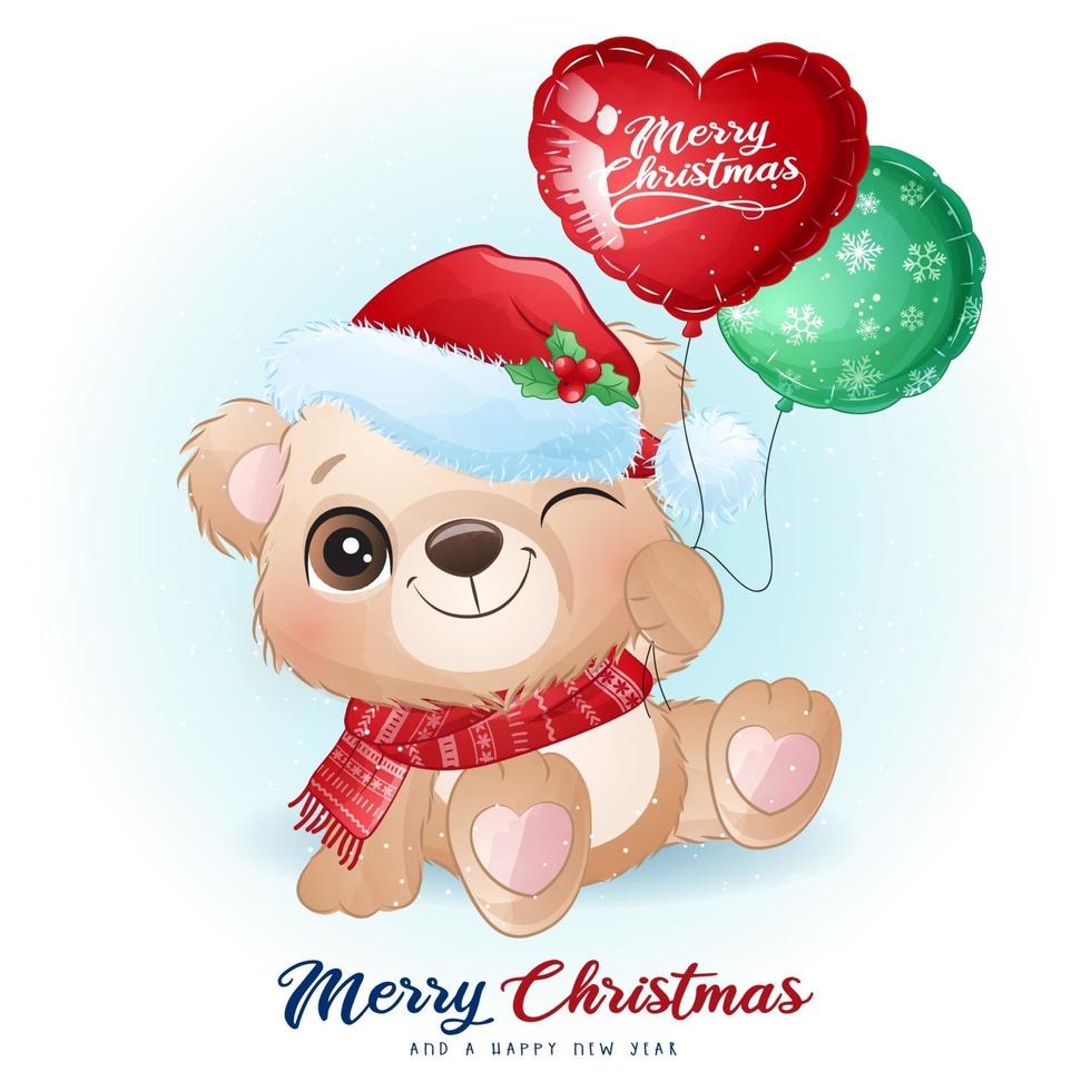 lindo oso doodle para el día de navidad con ilustración de acuarela vector