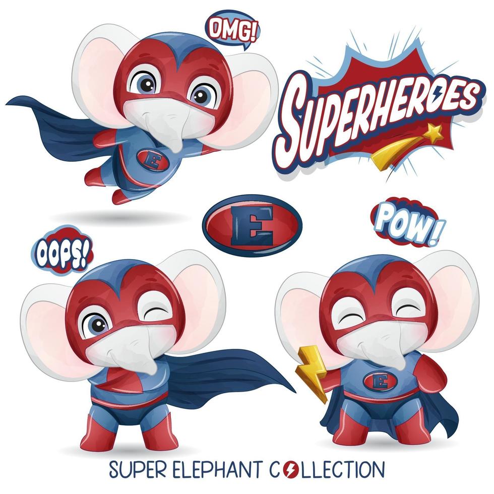 lindo elefante superhéroe con colección de acuarela vector