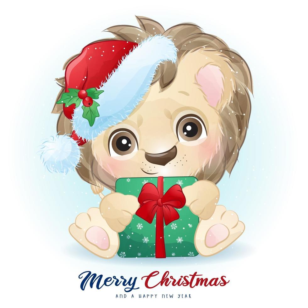 lindo doodle león para el día de navidad con ilustración de acuarela vector