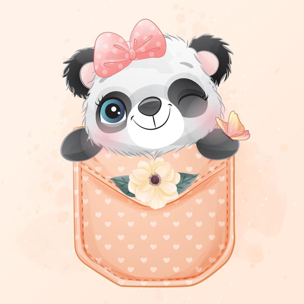 lindo pequeño panda sentado dentro de la ilustración del bolsillo vector