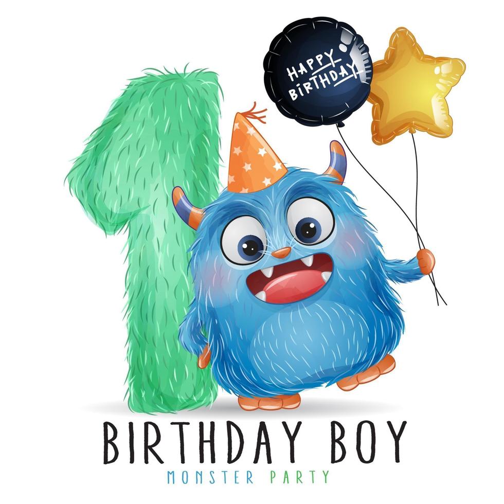 lindo cumpleaños de pequeño monstruo con ilustración de acuarela vector
