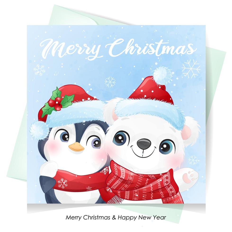 lindo doodle oso polar y pingüino para navidad con ilustración de acuarela vector