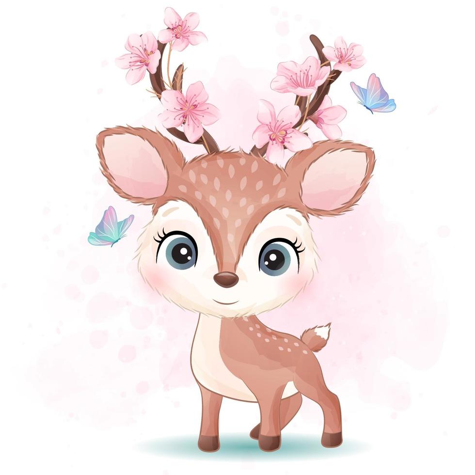 Cute little deer with watercolor illustration vector