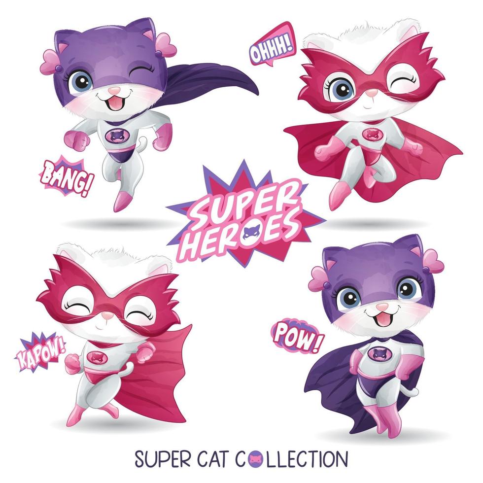Cute super cat with watercolor illustration vector