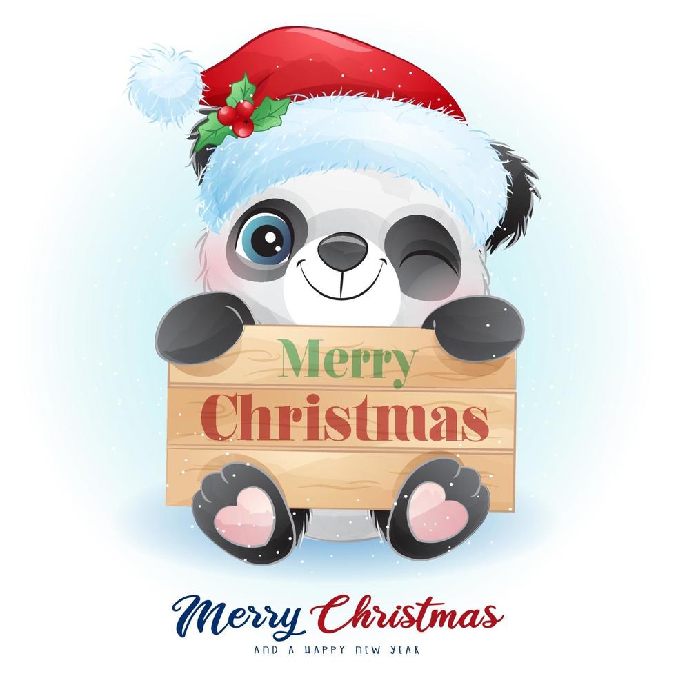 Cute doodle panda for christmas day with watercolor illustration vector