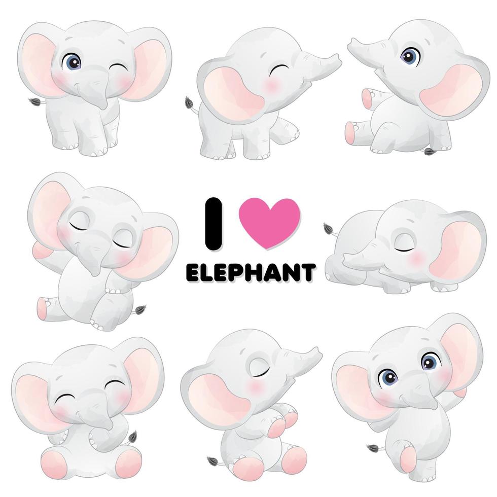 Cute little elephant poses with watercolor illustration vector