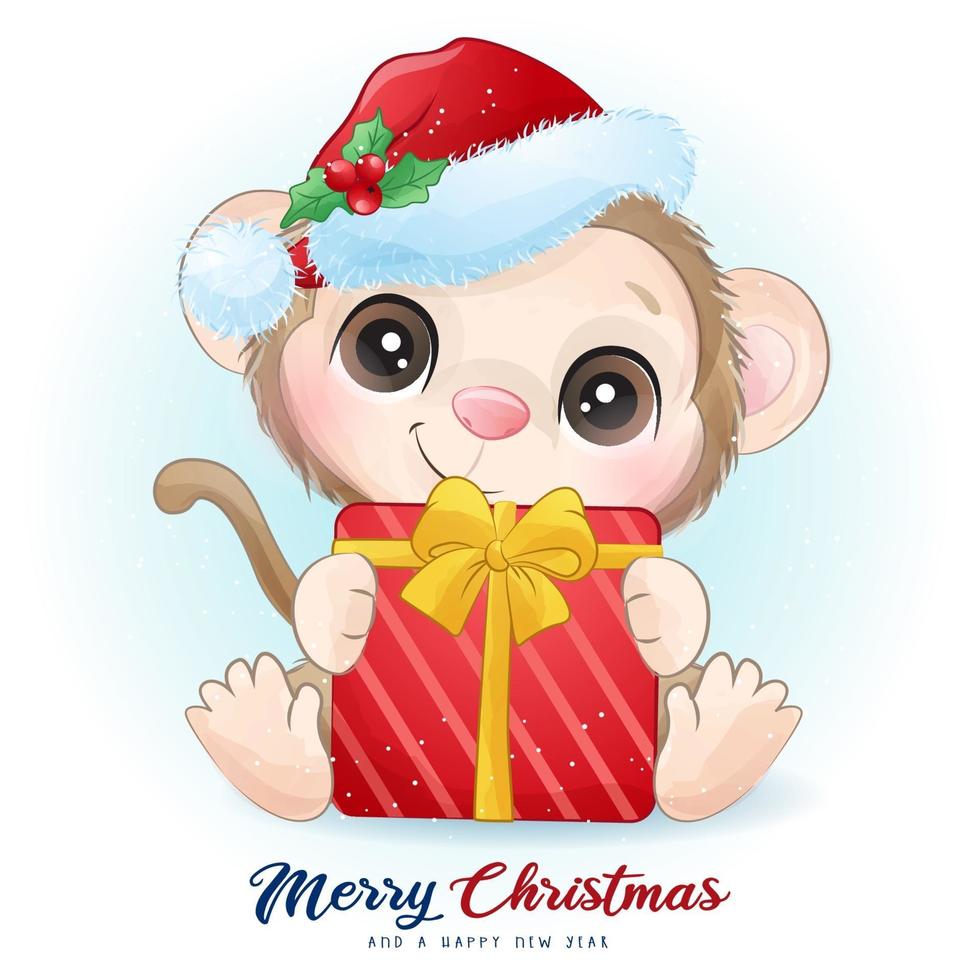 Cute doodle monkey for christmas day with watercolor illustration vector