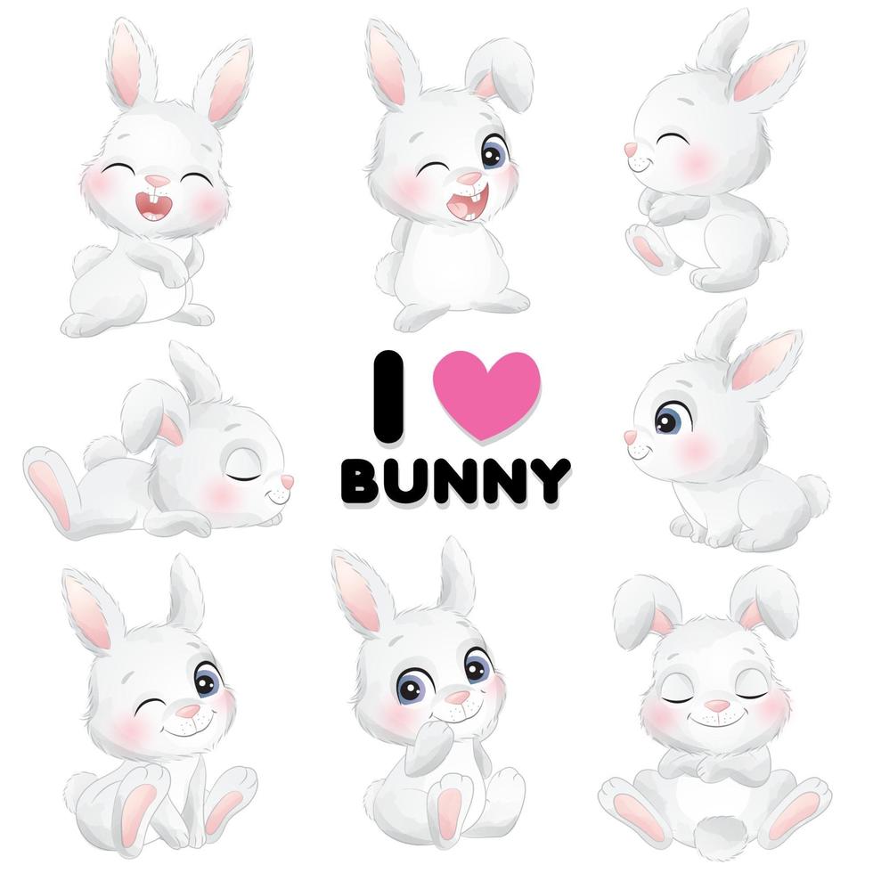 Cute little bunny poses with watercolor illustration vector