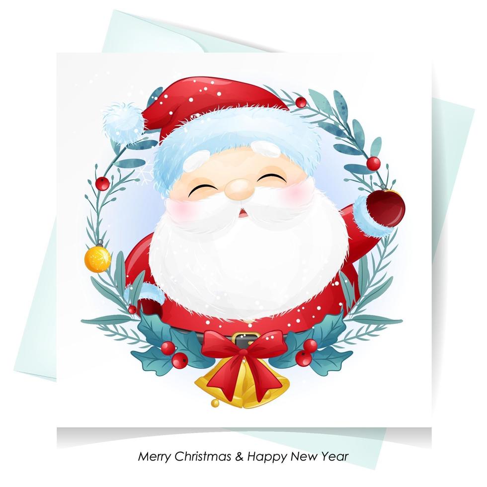 Cute doodle santa claus for christmas with watercolor illustration vector
