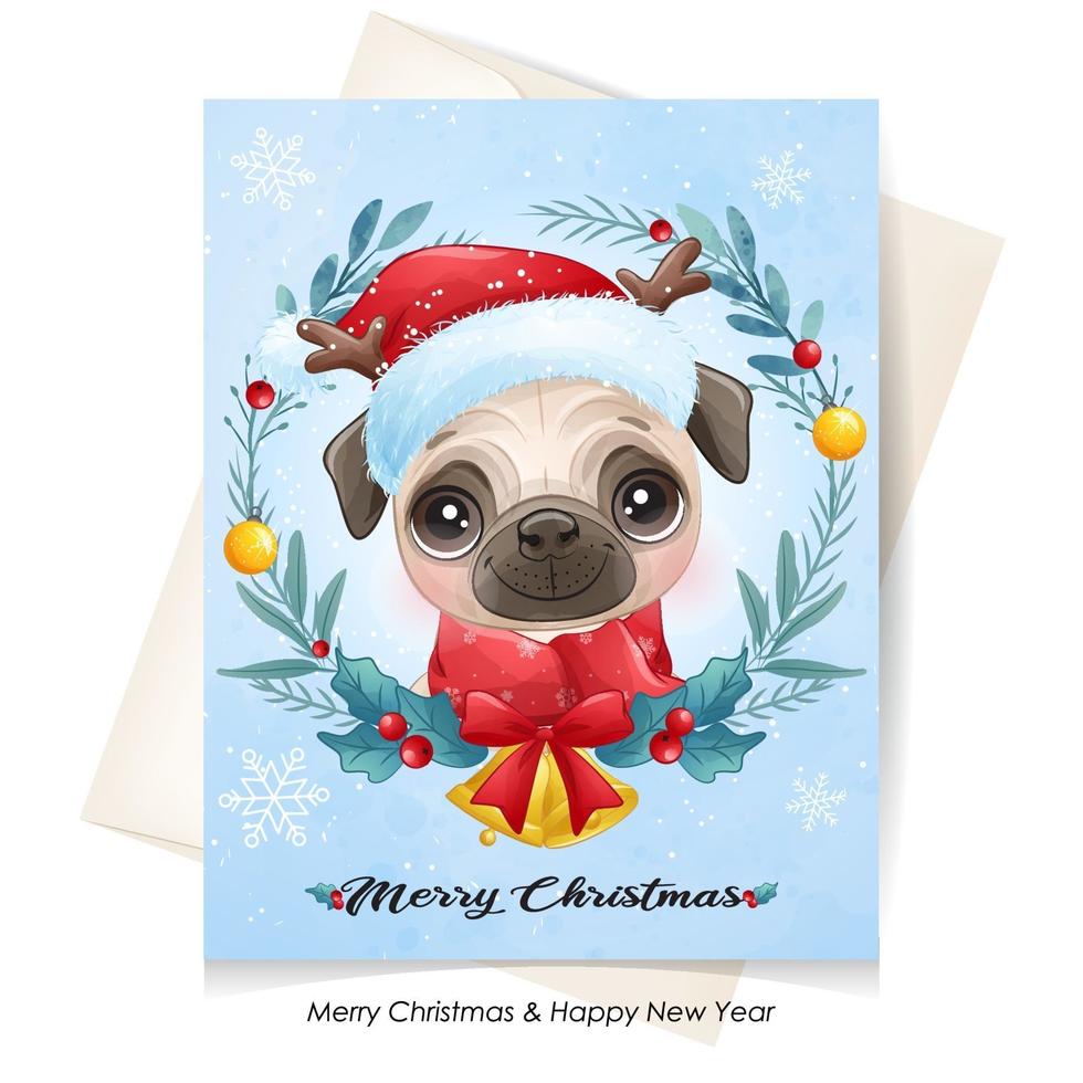 Cute doodle puppy for christmas with watercolor illustration vector