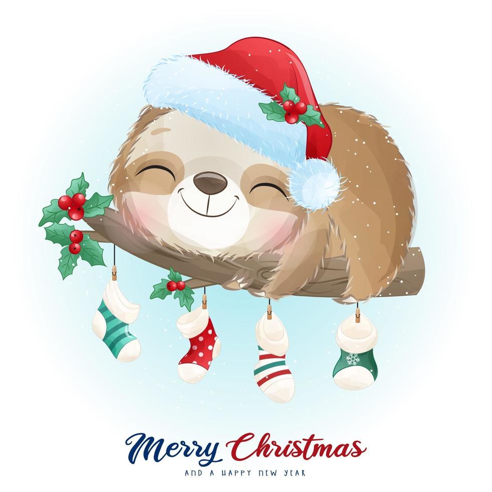 Cute doodle sloth for christmas day with watercolor illustration vector