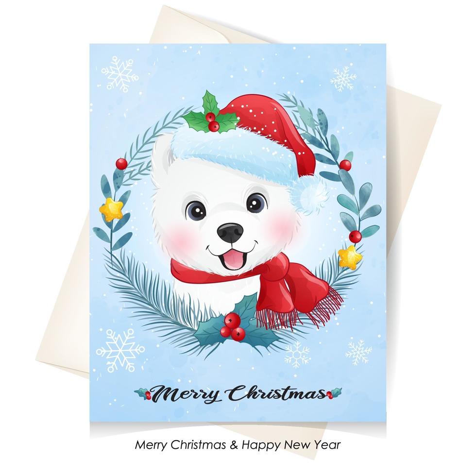 Cute doodle puppy for christmas with watercolor illustration vector