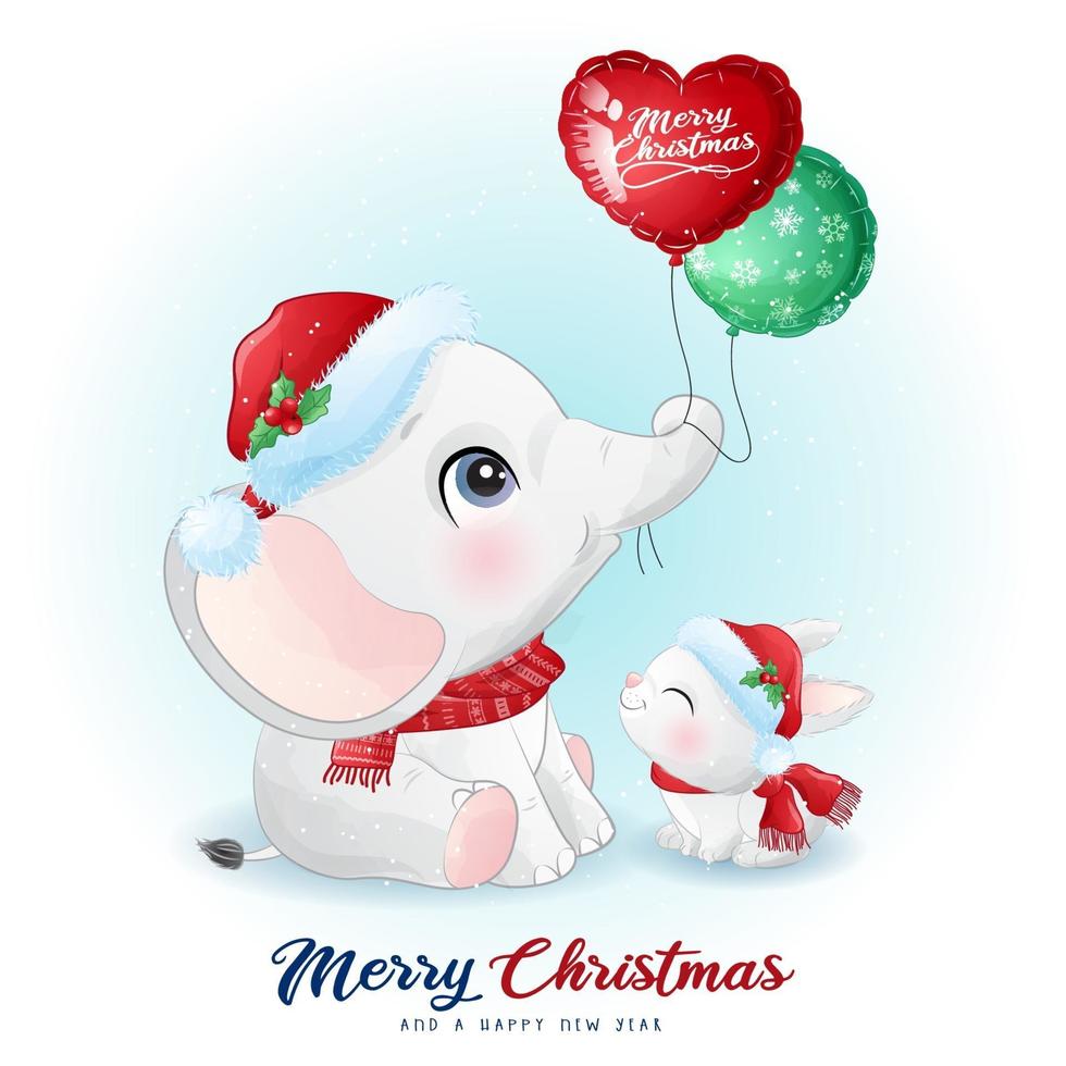 lindo doodle elefante y conejito para el día de navidad con ilustración de acuarela vector