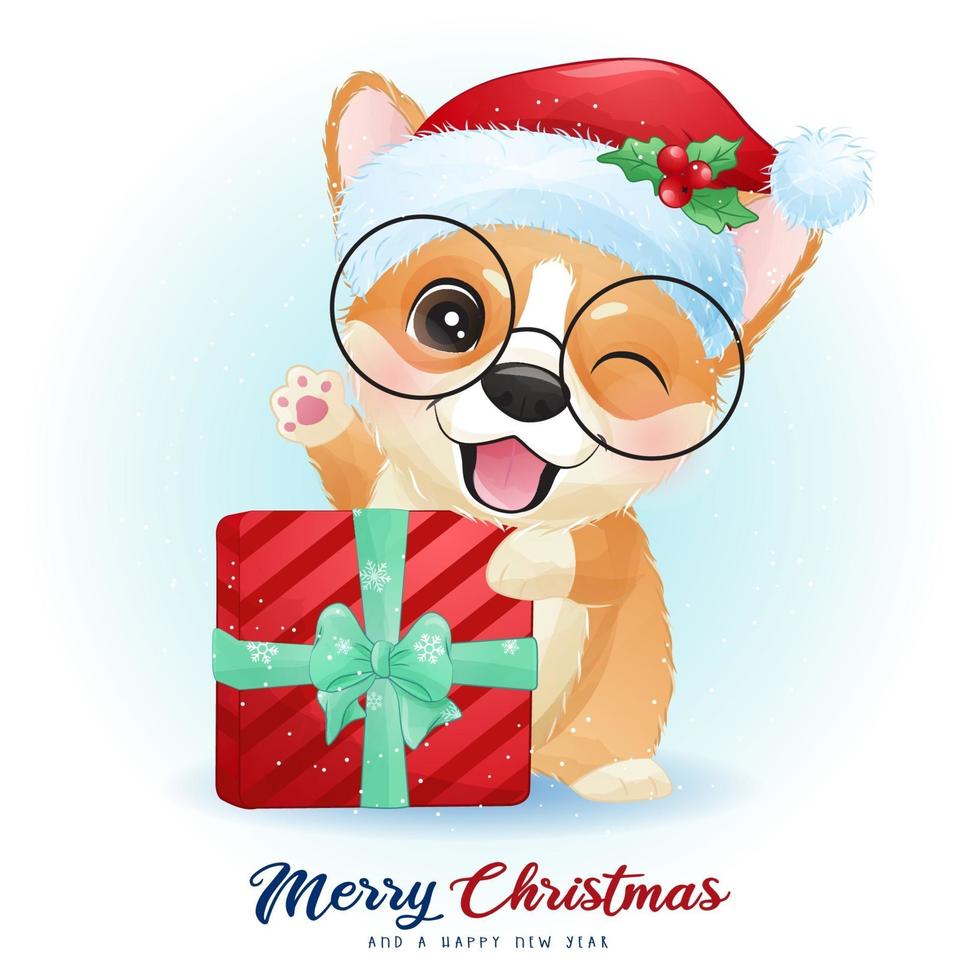 Cute doodle corgi for christmas day with watercolor illustration vector