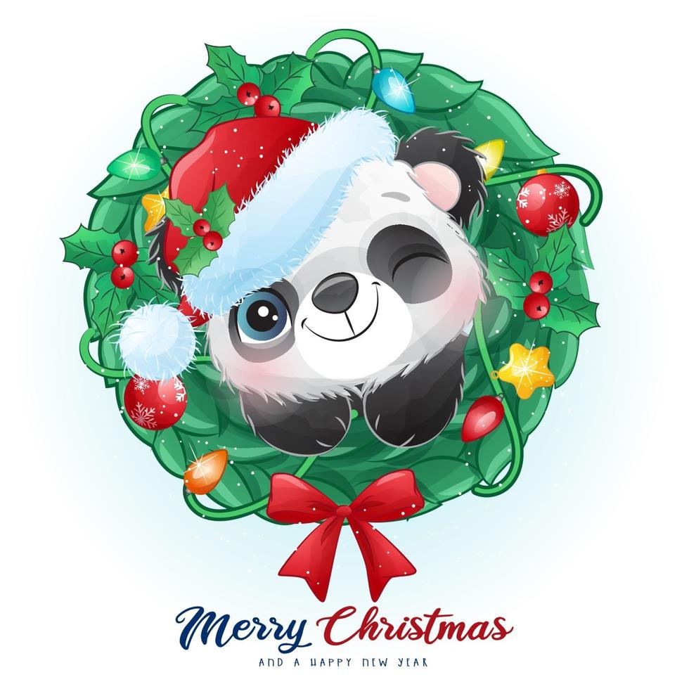 Cute doodle panda for christmas day with watercolor illustration vector