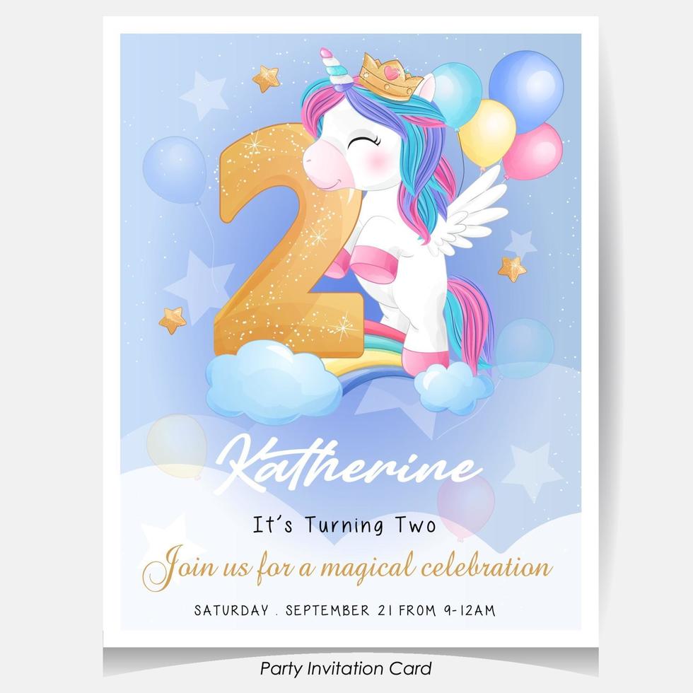 Cute doodle unicorn birthday party invitation card illustration vector