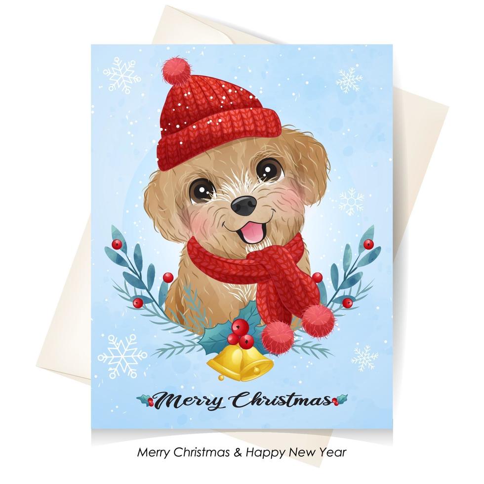 Cute doodle puppy for christmas with watercolor illustration vector