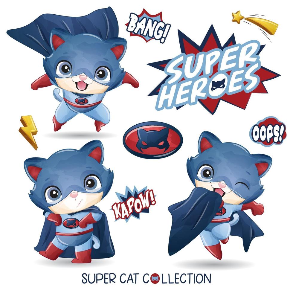 lindo super gato con ilustración acuarela vector