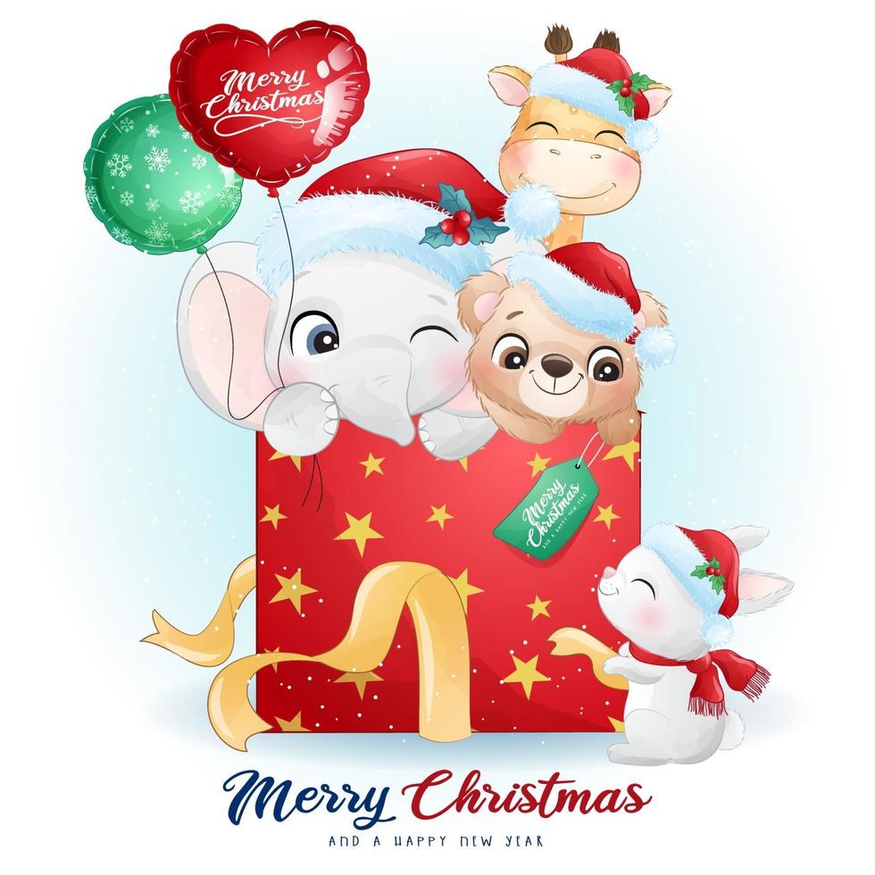 Cute doodle animals for christmas day with watercolor illustration vector