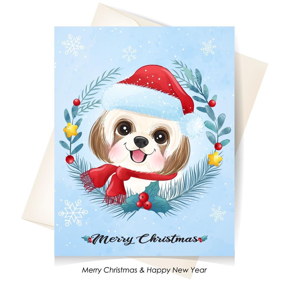 Cute doodle puppy for christmas with watercolor illustration vector