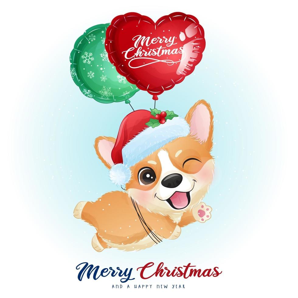 lindo corgi doodle para el día de navidad con ilustración de acuarela vector