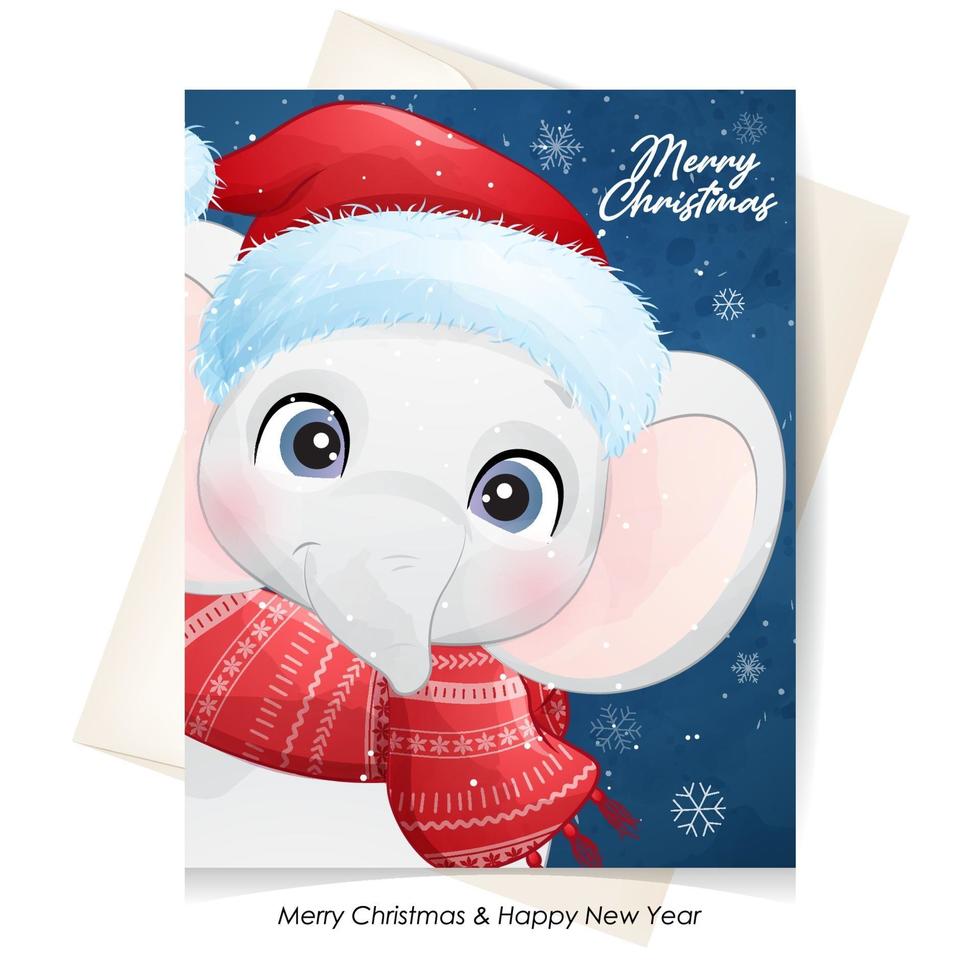 Cute doodle elephant for christmas with watercolor illustration vector