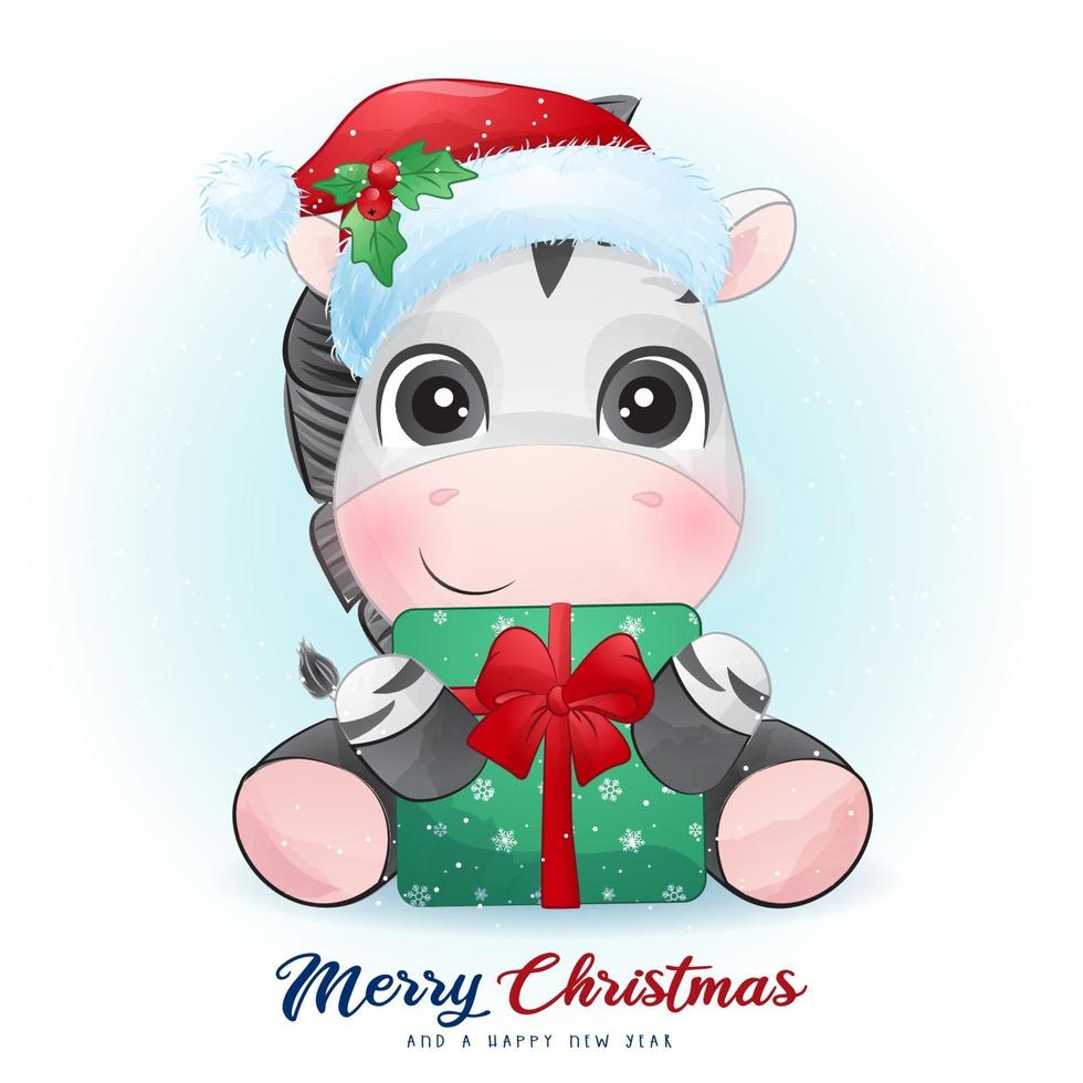 Cute doodle zebra for christmas day with watercolor illustration vector