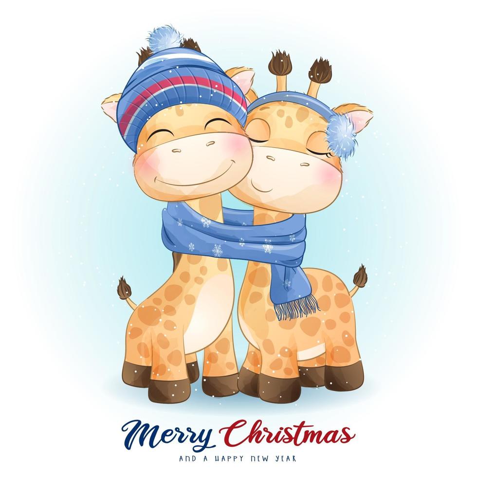 linda jirafa doodle para el día de navidad con ilustración de acuarela vector