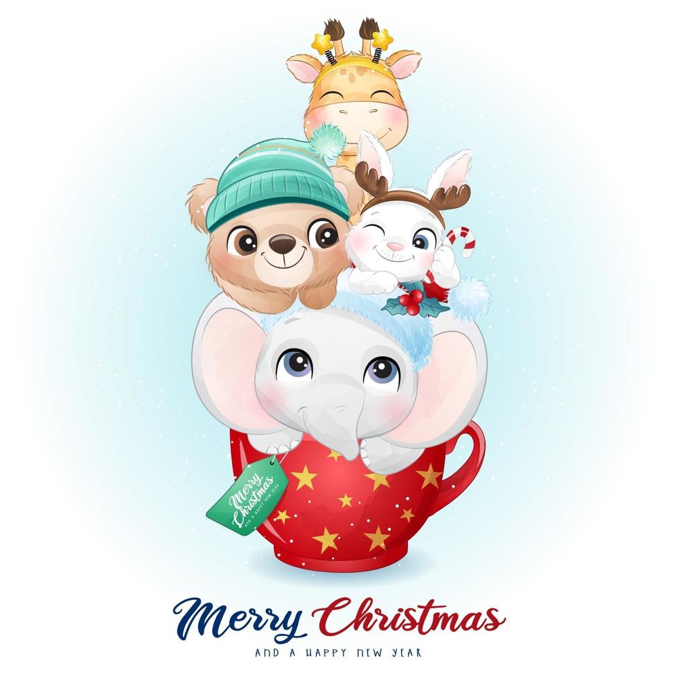 Cute doodle animals for christmas day with watercolor illustration vector