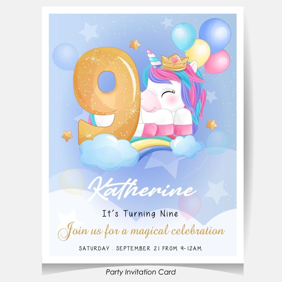 Cute doodle unicorn birthday party invitation card illustration vector