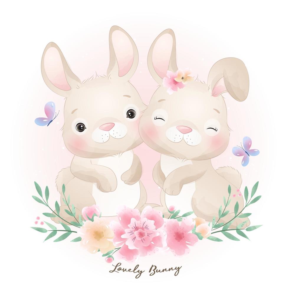 Cute doodle bunny with floral illustration vector