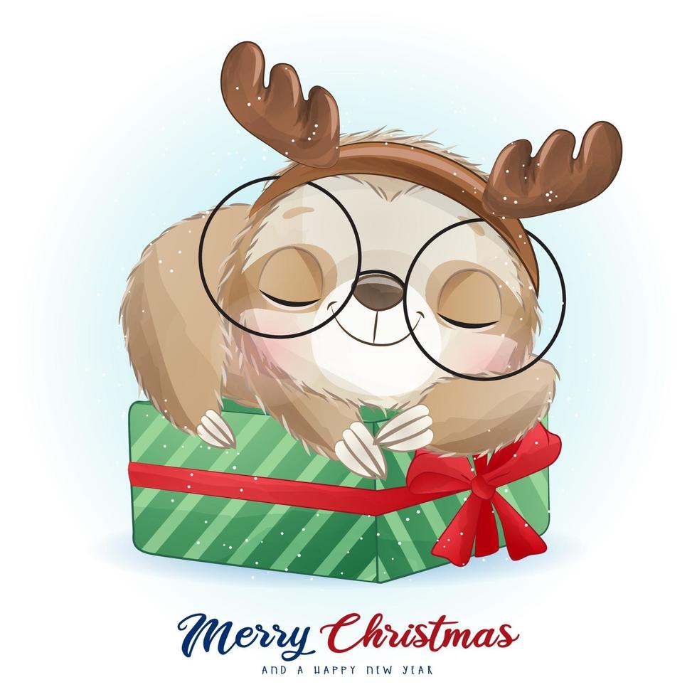 lindo perezoso doodle para el día de navidad con ilustración de acuarela vector