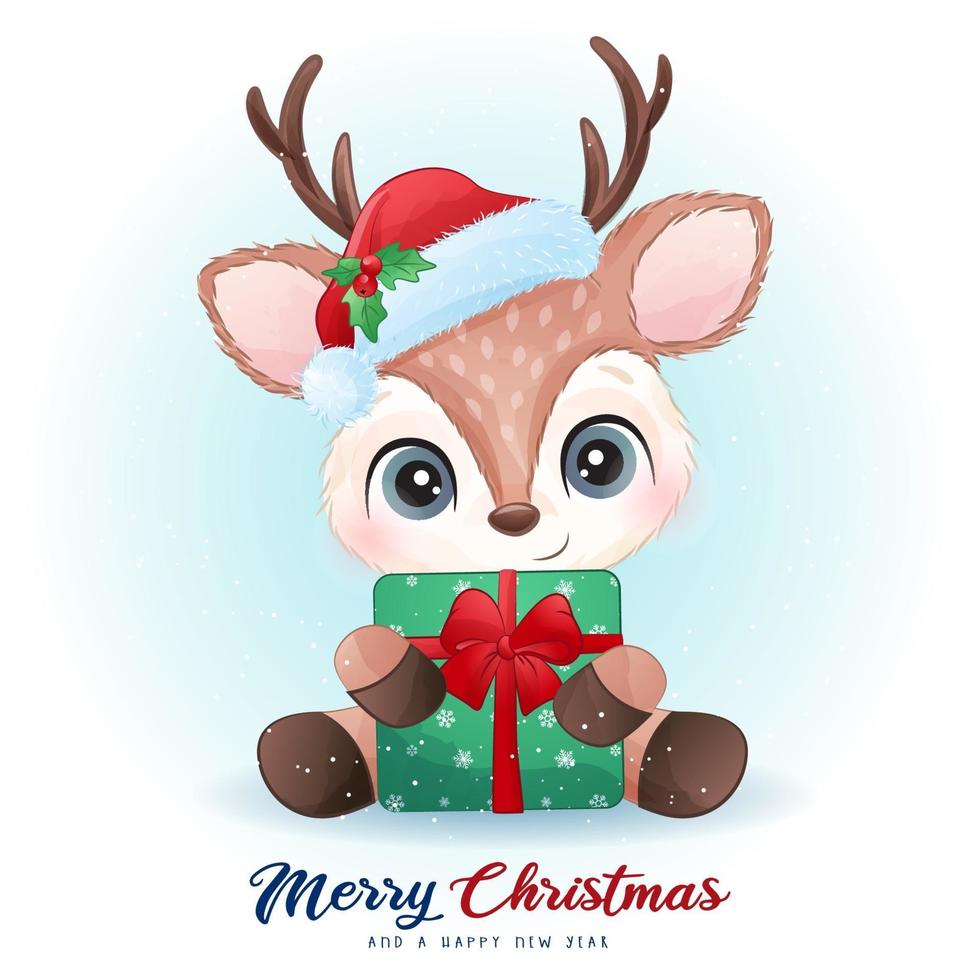 lindo ciervo doodle para el día de navidad con ilustración de acuarela vector