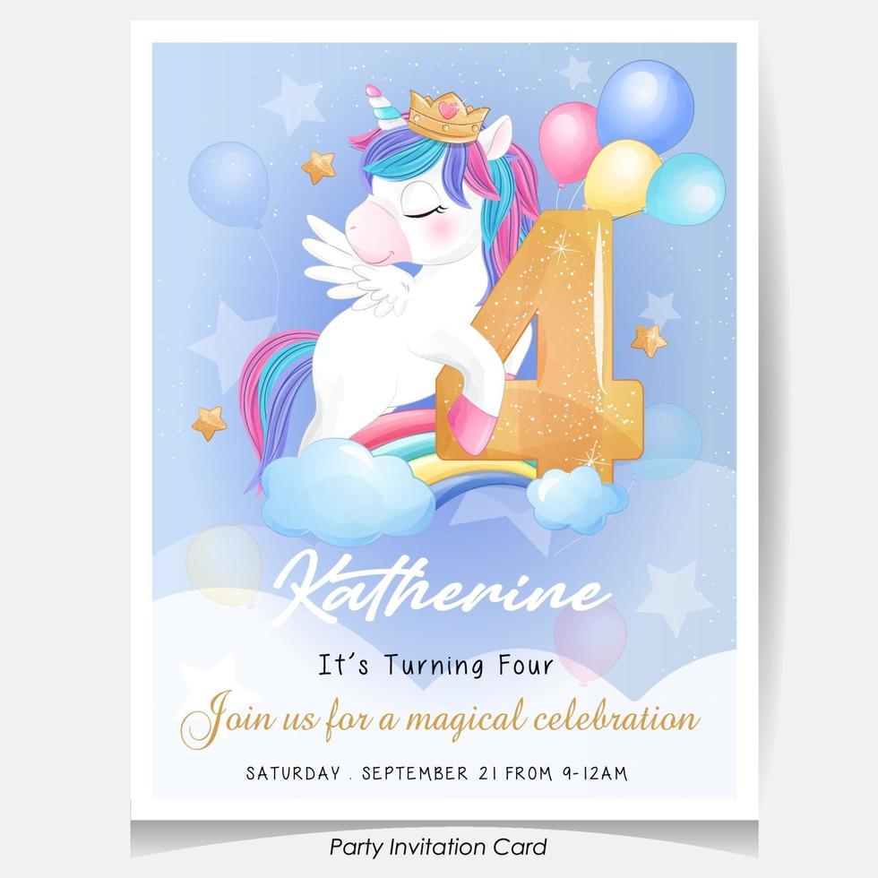 Cute doodle unicorn birthday party invitation card illustration vector