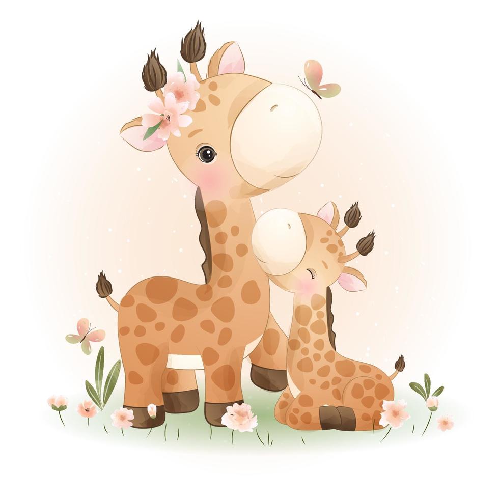 linda jirafa doodle con ilustración floral vector